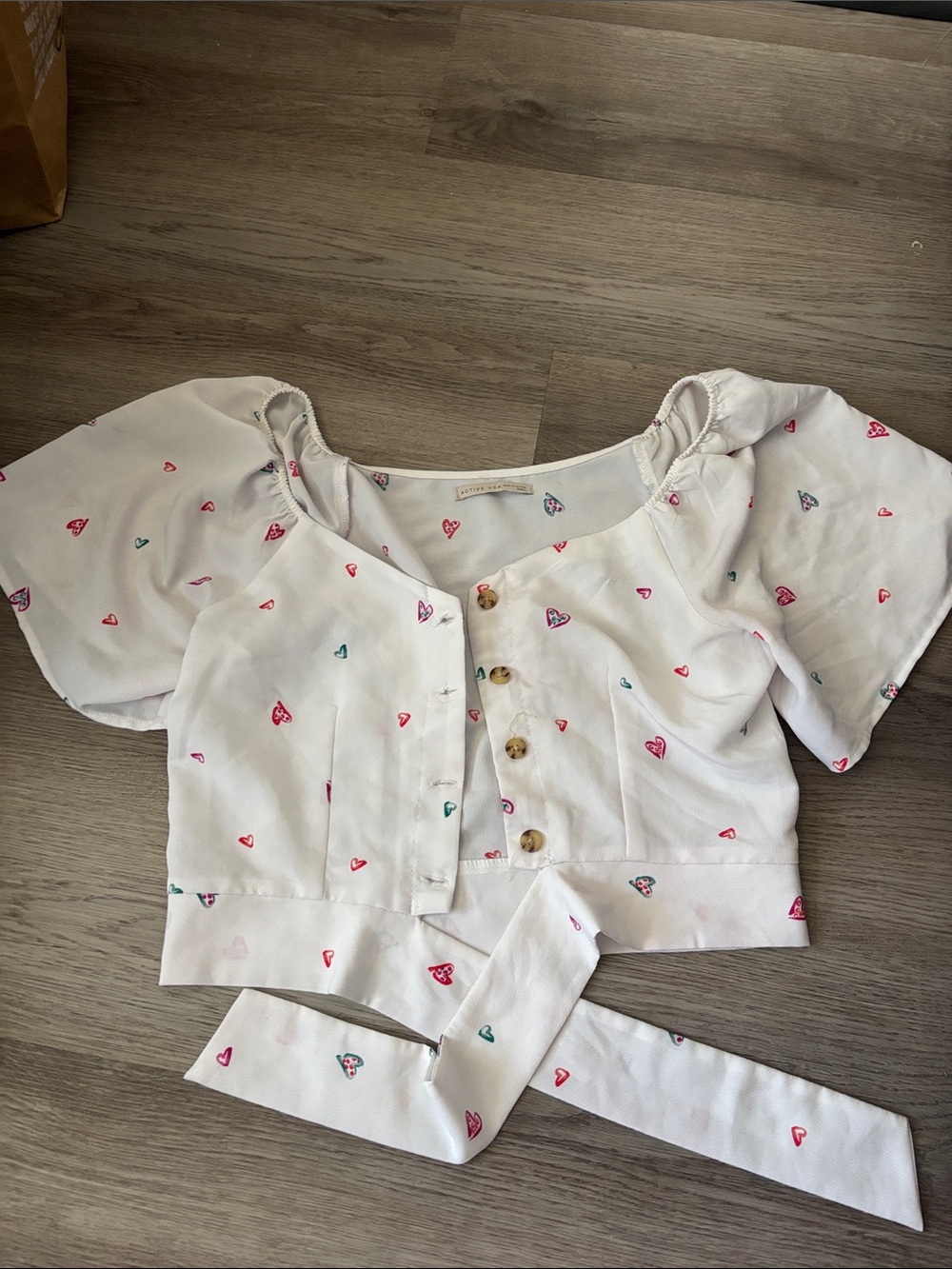 Active USA White Crop Top with Pink & Teal Heart Print